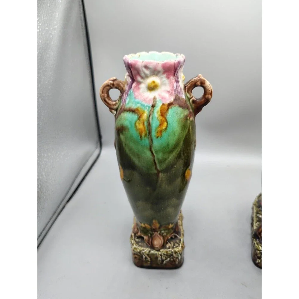 2-antique 1890's ~MAJOLICA old Victorian-era HAND-PAINTED vases. Ladies Arm Brok